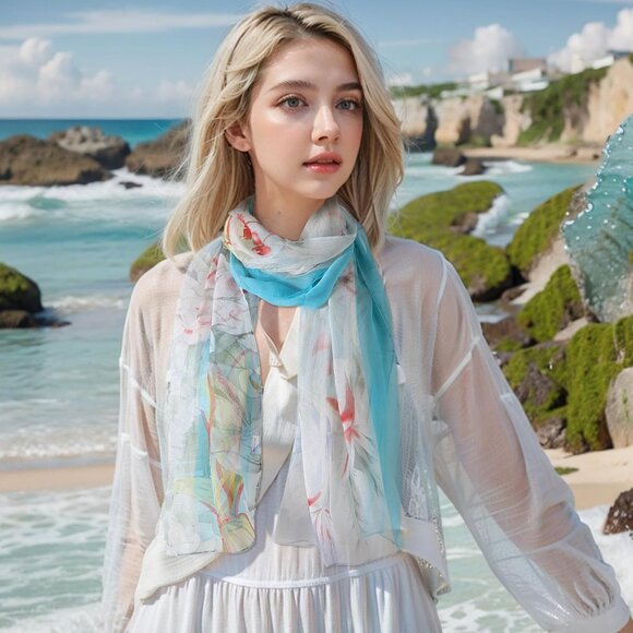 Women's Light Blue 1 Fashion Lightweight Head Scarf Floral Print Chiffon Scarves - Picture 5 of 6